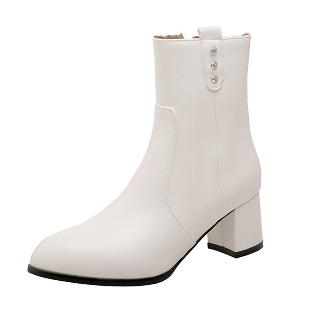 NECHOLOGY Botas Mujer Adulto Femenino Zapatos Botines de mujer Zapatos de mujer de moda Estilo británico Rhinestone Bowknot Tacón grueso Tacón medio Cremallera trasera sólida Botas (White, 9)