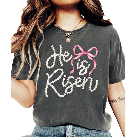 He Is Risen Christian Shirt for Women - Pearl Bow Easter Faith Graphic Tee Pepper Shirt Adult Large