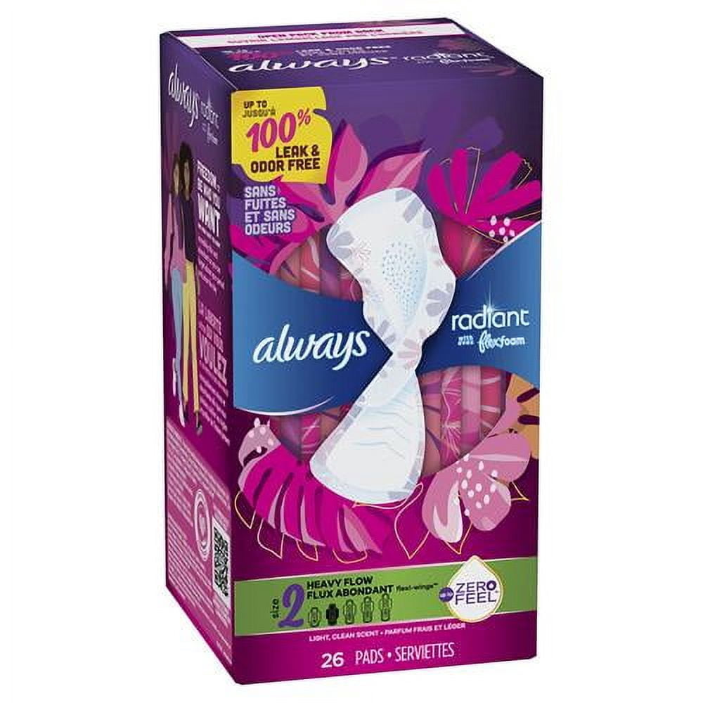 Radiant Feminine Pads For Women, Size 2 Heavy Flow Absorbency, With Flexfoam, With Wings, Scented, 26 Count - Pack of 2