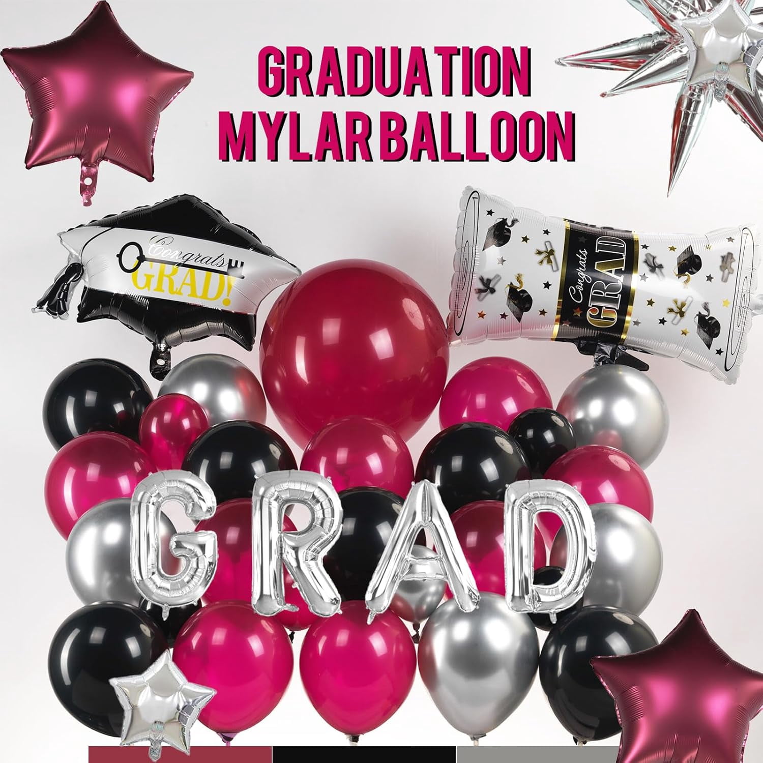 130 Pcs Maroon Black Silver Balloon Arch Kit with GRAD Letters & Graduation Cap Foil Balloons Star Accents for Senior Night Decorations Class of 2026 Prom Party Supplies