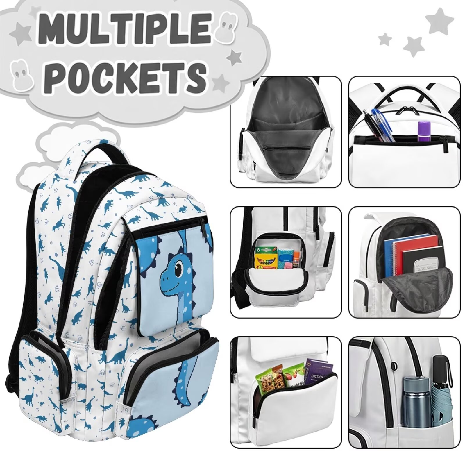 Mochila escolar de dinosaurio azul para niños, de 17 pulgadas, con cremallera frontal, para primaria 7