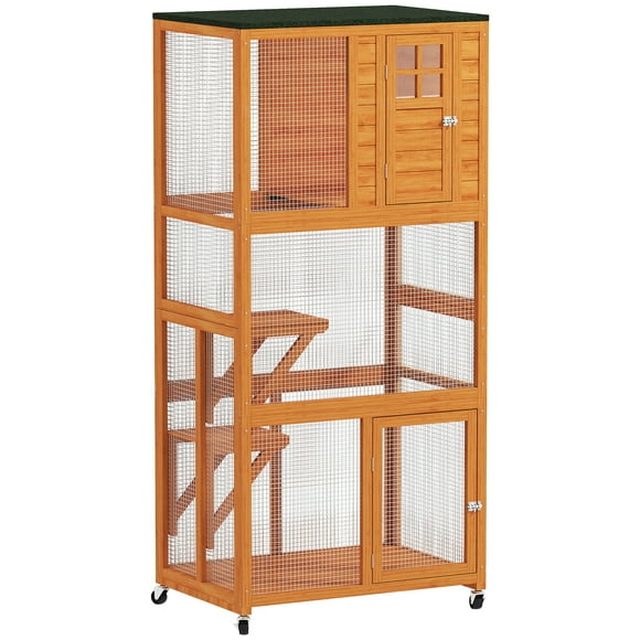 PawHut Large Catio Outdoor Wooden Cat House for 1-3 Kittens, Orange