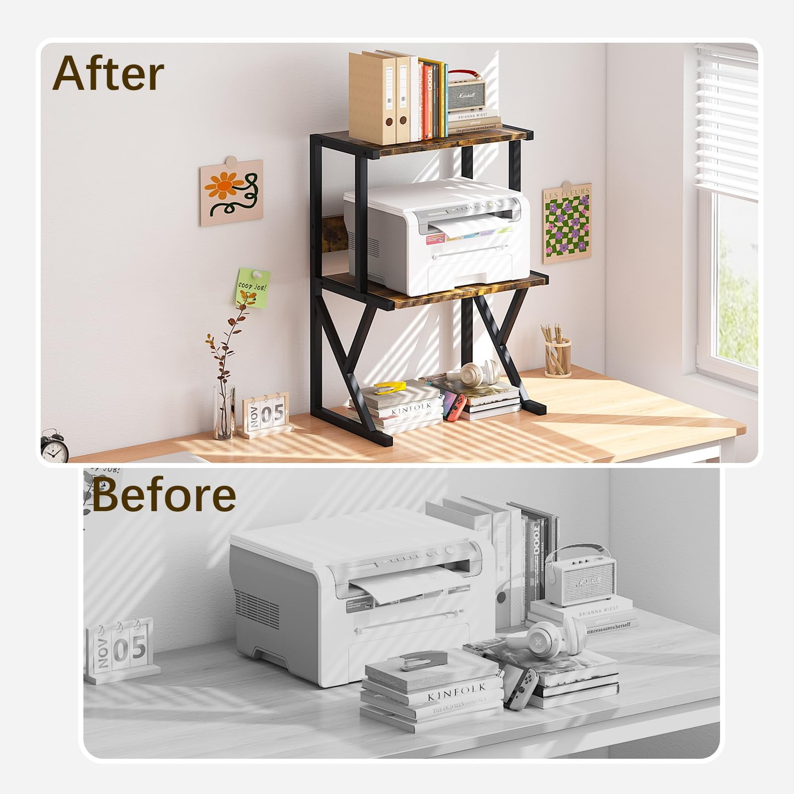 Desktop Printer Stand with 3 Tier Wood Storage Shelves,Under Desk Printer Table,Multi-Purpose Home Office Desk Organizer for Fax Machine, Scanner (Brown)