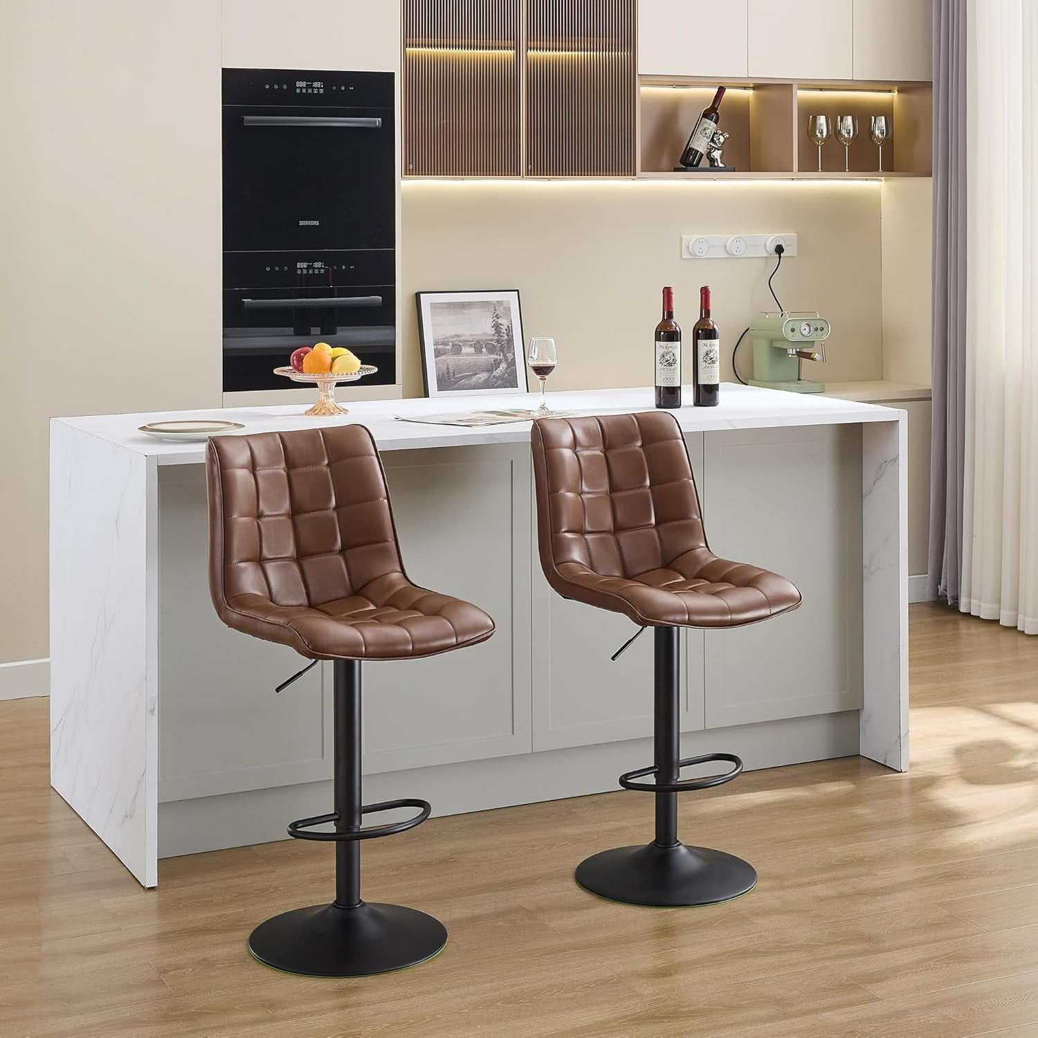 FIRAVOE Bar Stools Set of 2, Swivel Counter Height Bar Stools with Back (Adjustable 24"-33") Faux Leather Barstools Bar Chairs for Kitchen Island, Brown