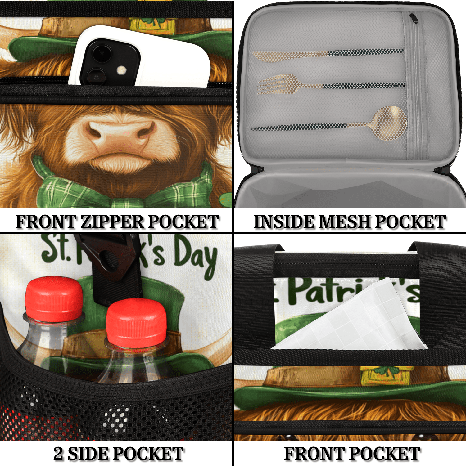 Herdesigns Highland Cow St. Patrick's Day Large Lunch Box for Adults Women Men with Adjustable Shoulder Strap, Insulated Reusable Lunch Bag Leakproof Cooler Tote Bag