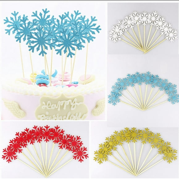 40pcs Glitter Snowflake Cake Cupcake Toppers for Christmas Frozen Cake Decorations Birthday Party Winter Cake Decorations