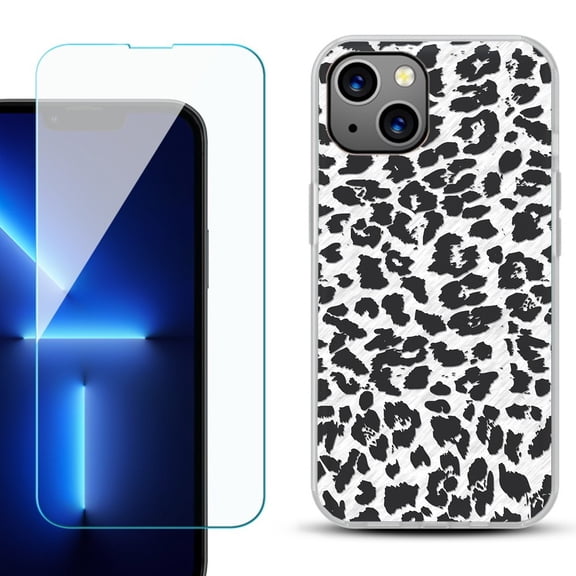 Slim-Fit Gel TPU Phone Case for iPhone 14, with Tempered Glass Screen Protector, by OneToughShield ® - Cheetah B/W