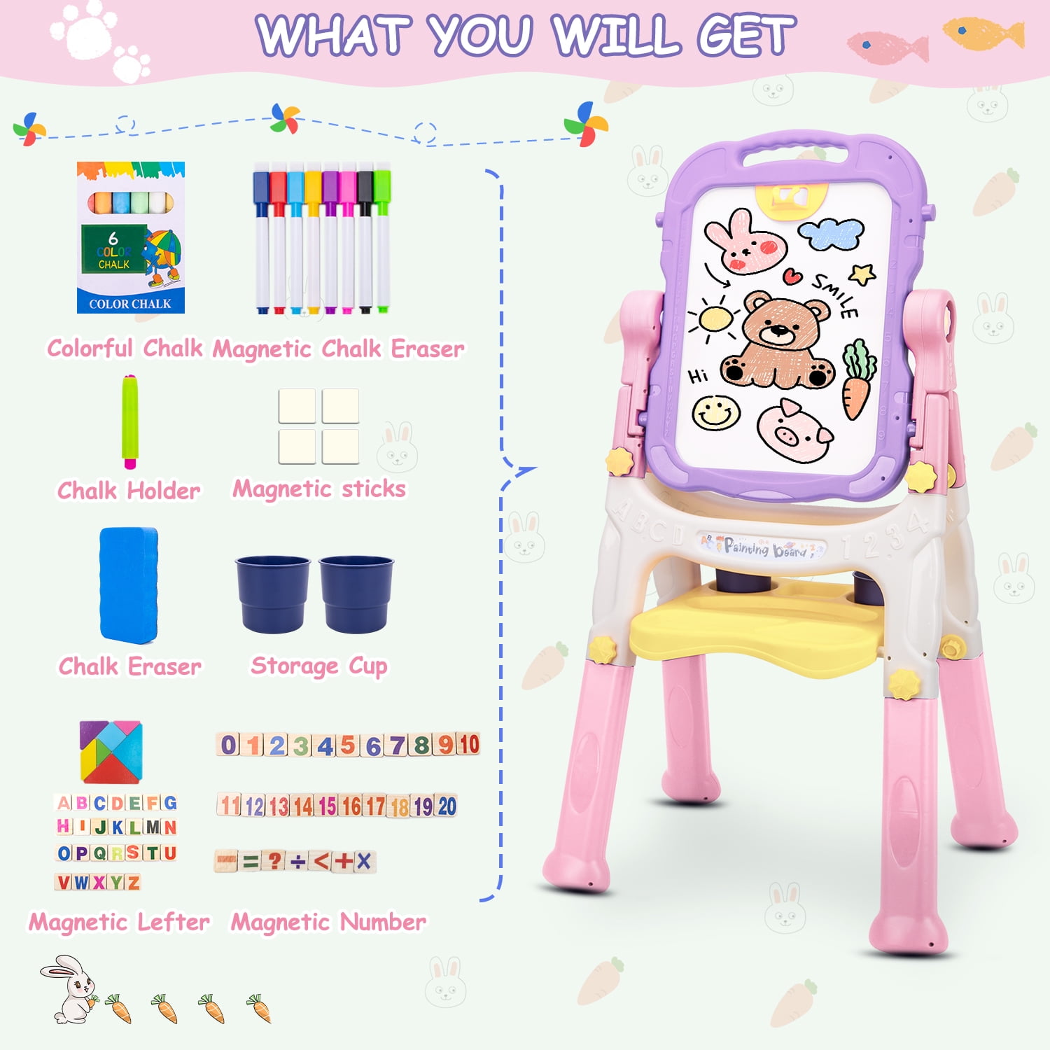 Xueyu Easel for Kids, 26.8"-34.6" Adjustable Plastic Standing Art Easel with Chalkboard, Chalk, Markers, Eraser, Clips