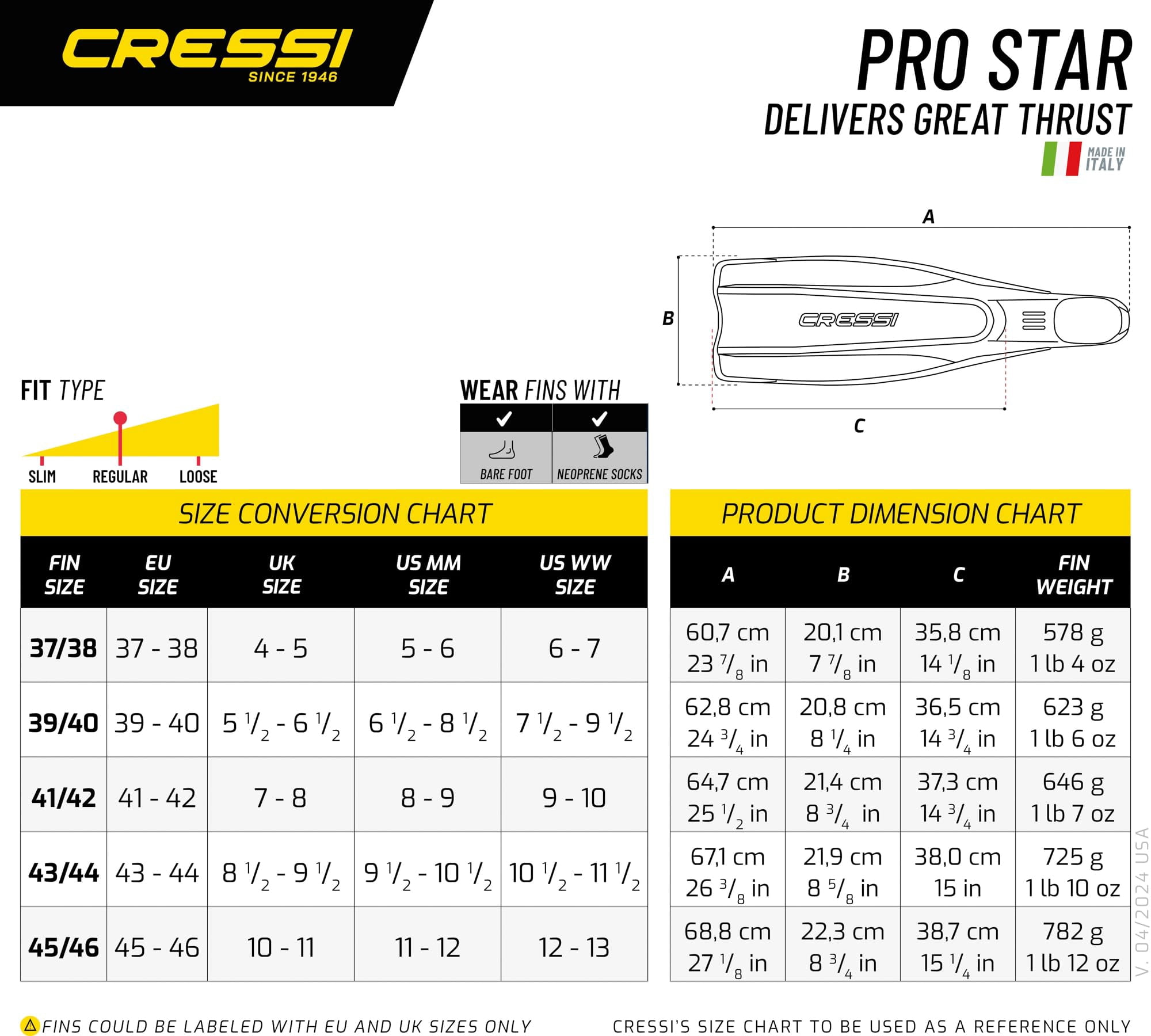 CRESSI Pro Star w/Bag Full Foot Pocket Fins, Black, 43/44