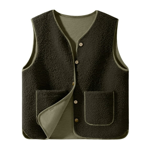 ZQGJB Women's Fleece Fuzzy Vest Winter Warm Button Down V Neck Sleeveless Outerwear Lightweight Casual Waistcoat with Pocket Army Green M
