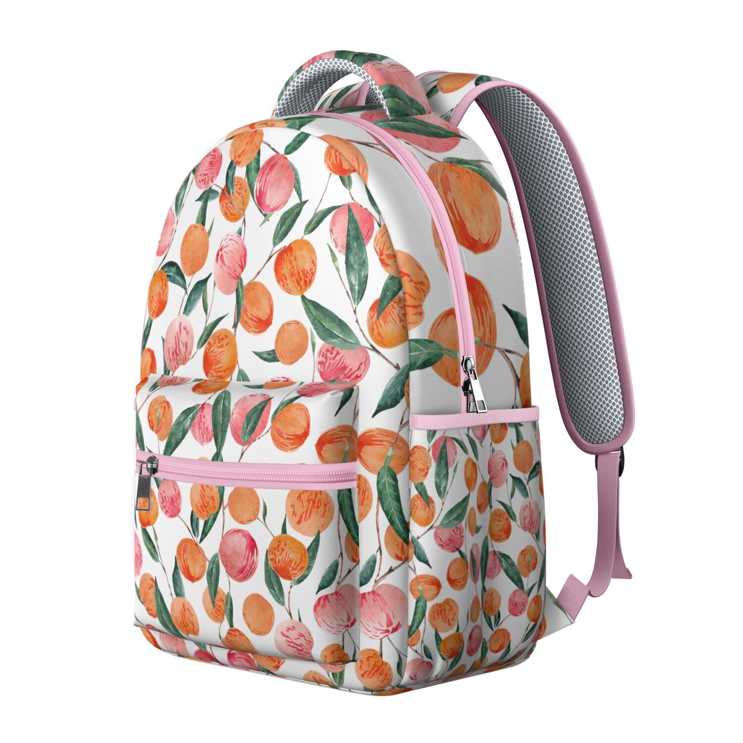 Peach Print Waterproof School Backpack - Ergonomic Student Bookbag with Padded Straps & Spinal Support, Kawaii Pink Fruit Pattern Design, Lightweight Durable Backpack for Teens, College, Commuters