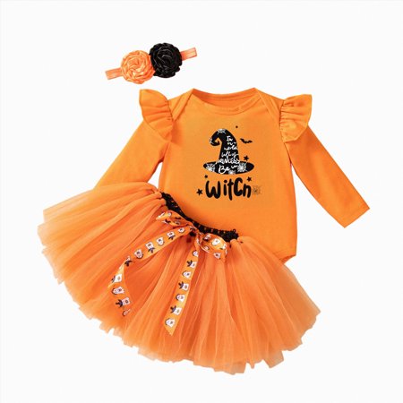 mgoYE 12-18 Month Girl Clothes Fall Baby Girl Halloween Clothes Long Sleeve Romper with Lace Tutu Skirt Pumpkin Outfit Ghost Outfit 3PC|Orange 1-3 Months