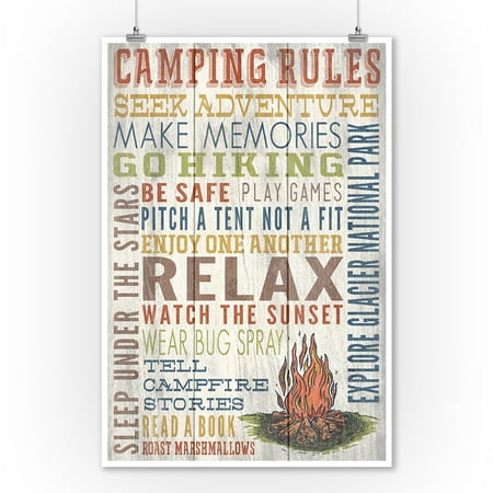 Explore Glacier National Park, Montana - Camping Rules - Rustic - Lantern Press Artwork (9x12 Art Print, Wall Decor Travel