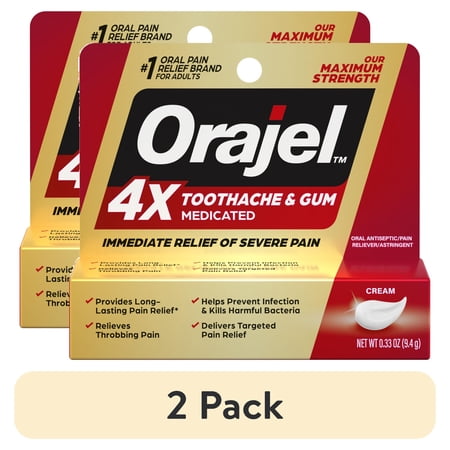 (2 pack) Orajel 4X for Toothache & Gum Pain, Severe Cream Tube 0.33 oz, from Oral Pain Relief Brand
