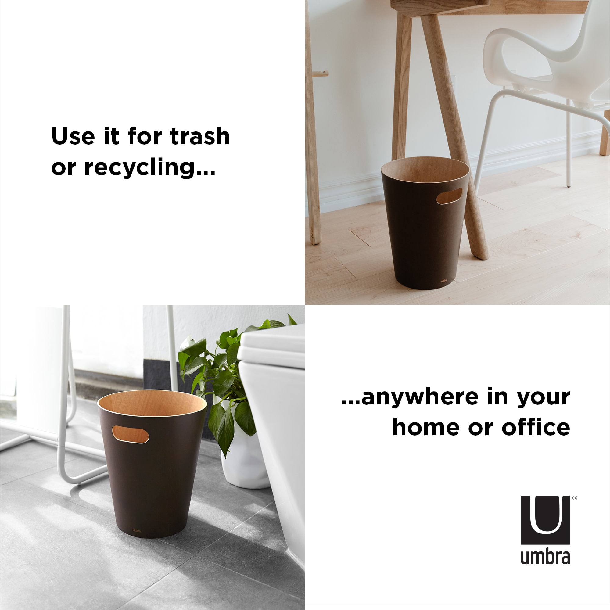 Umbra 2 gal Woodrow Wood Open Top Bathroom, Bedroom, Office Trash Can, Espresso