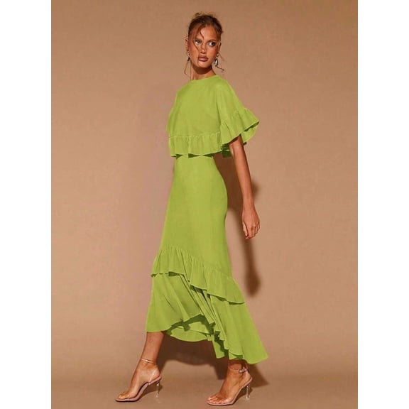 Green Womens Tiered Ruffle Hem Midi Dress With Flared Short Sleeves, Round Neck, Elegant For Evening Or Cocktail