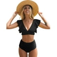 thumbnail image 1 of Traje de baño de cintura alta con volantes para mujer Bikini con estampado tropical push up de dos piezas, 1 of 6