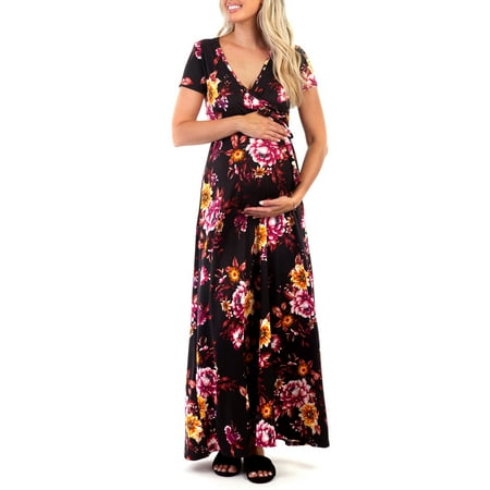 

Mother Bee Maternity Short Sleeve Faux Wrap Dress with Adjustable Belt