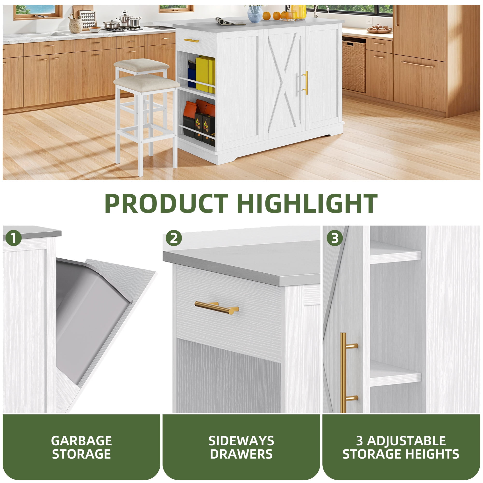Uforic Kitchen Island with Drop Leaf & Seatings, Island with Power Outlets & Trash Storage, White