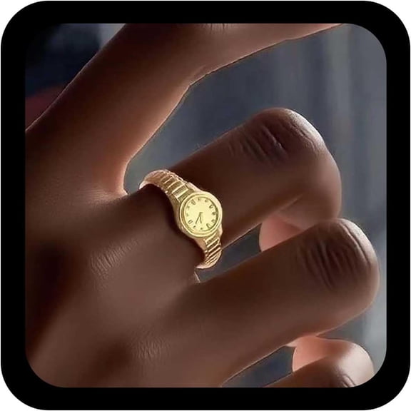 Vintage Round Watch Ring Finger Watches Ring Faux Clock Rings Gold Signet Rings Adjustable Open Jewelry for Women