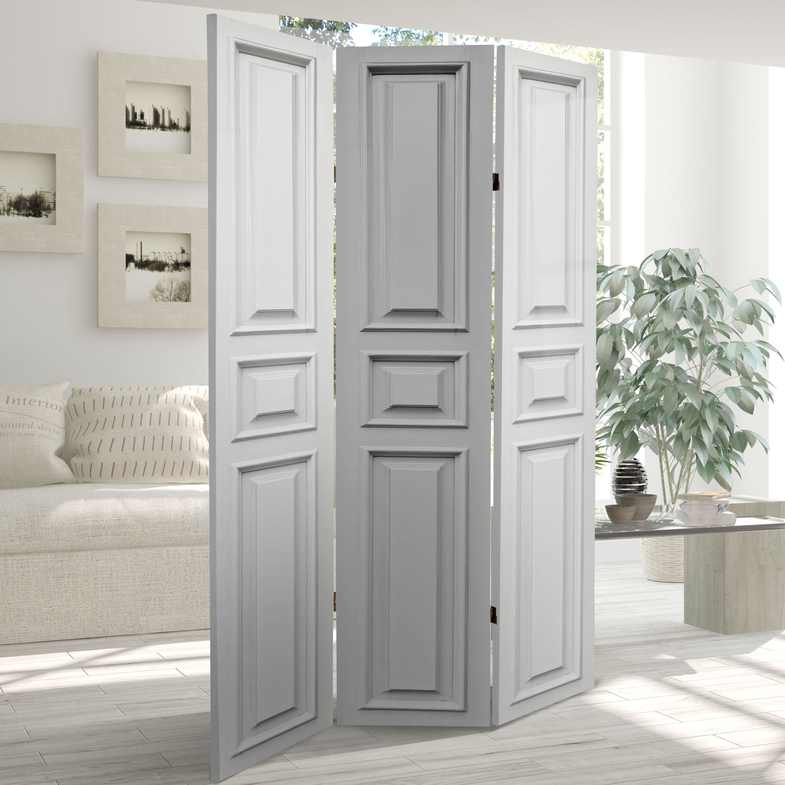 Oriental Furniture 6 ft. Tall White Door Panel Canvas Room Divider - 3 Panel