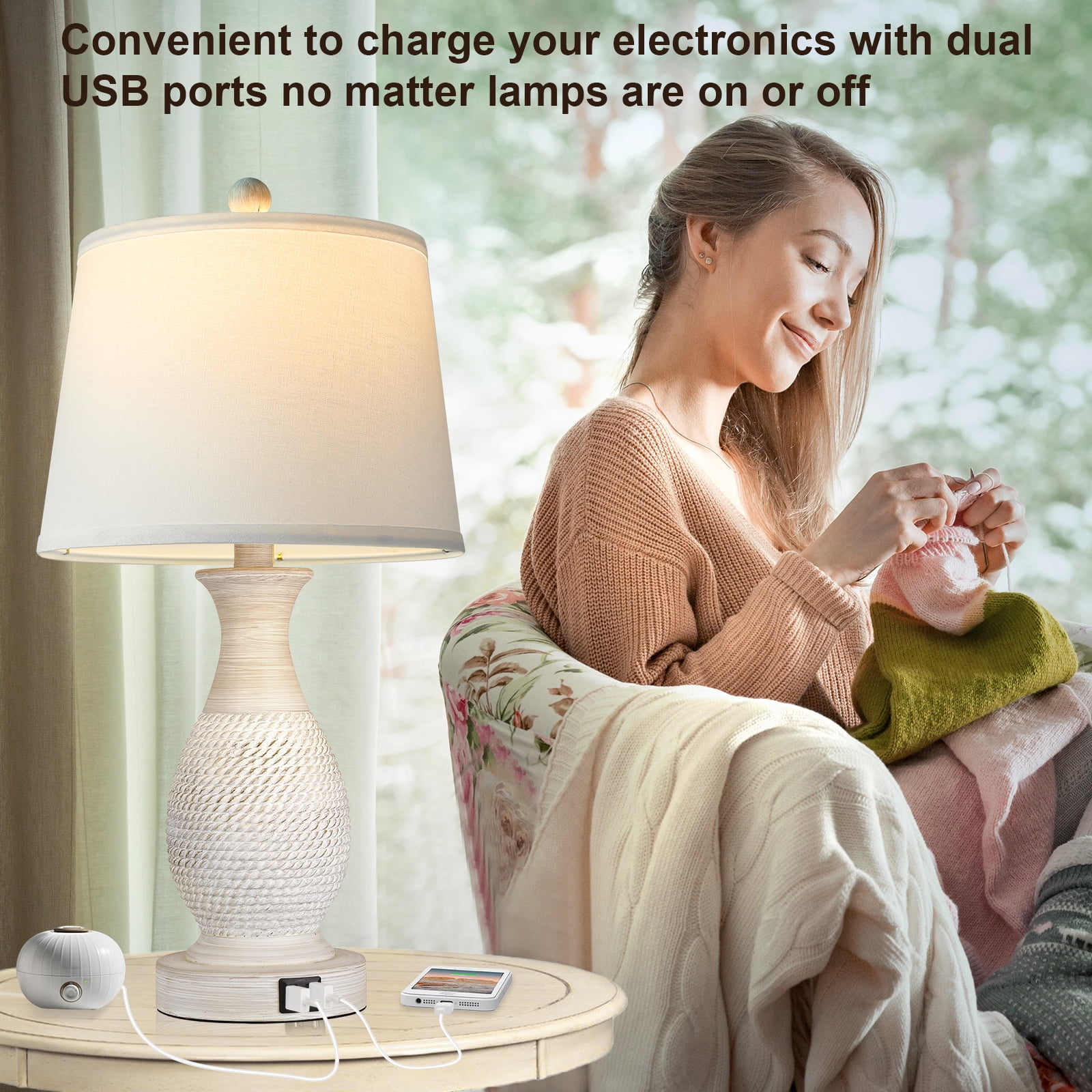 Partphoner Washed White Touch Control Table Lamp Set of 2, Resin Rustic Farmhouse Bedside Lamps