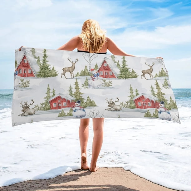 Toalla de playa de microfibra para hombres y mujeres, toalla de playa de renos, Papá Noel, vista nocturna de Navidad, natación, secado rápido, decoración del hogar, regalo para niños