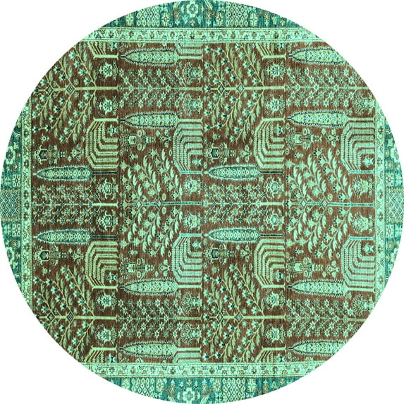 Ahgly Company Machine Washable Indoor Round Abstract Turquoise Blue Modern Area Rugs, 5' Round