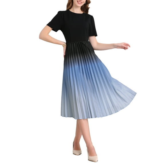 INSPIRE CHIC Women's Short Sleeve Pleated Dress 2025 Spring Trendy Office Work A-Line Midi Dresses S Black