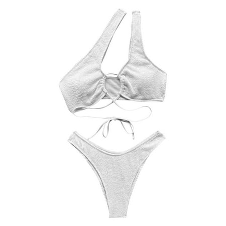 Sngxgn Women s High Waisted Bikini Swimsuit Drawstring Tie Side Bottom Two Piece Bathing Suit(White M)