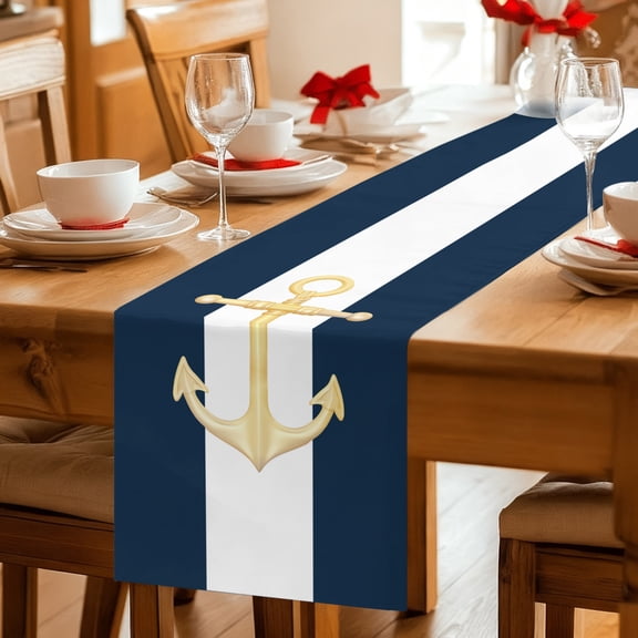 Table Runner Marine Navy Blue White Color Block Dresser Scarves 13x36 Inch,Linen Table Runners Nautical Gold Anchor Tablerunner for Home Dining Indoor Outdoor Wedding Party Tabletop Decor
