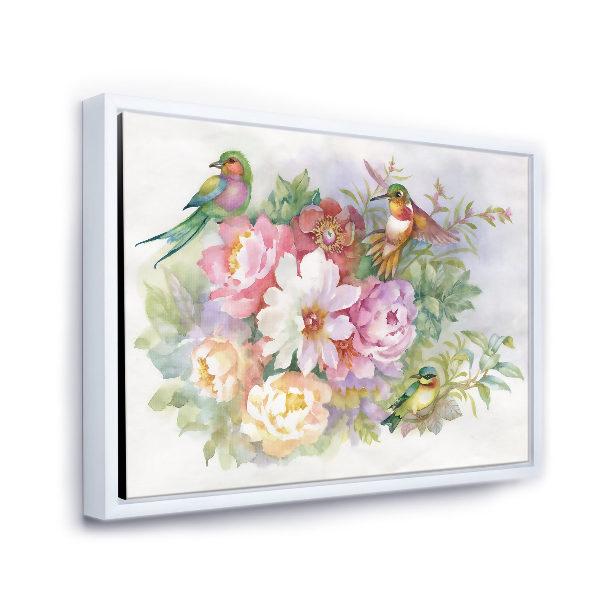 Designart 'Colourful Birds and Vibrant VIntage Flowers' Traditional Framed Canvas Wall Art Print