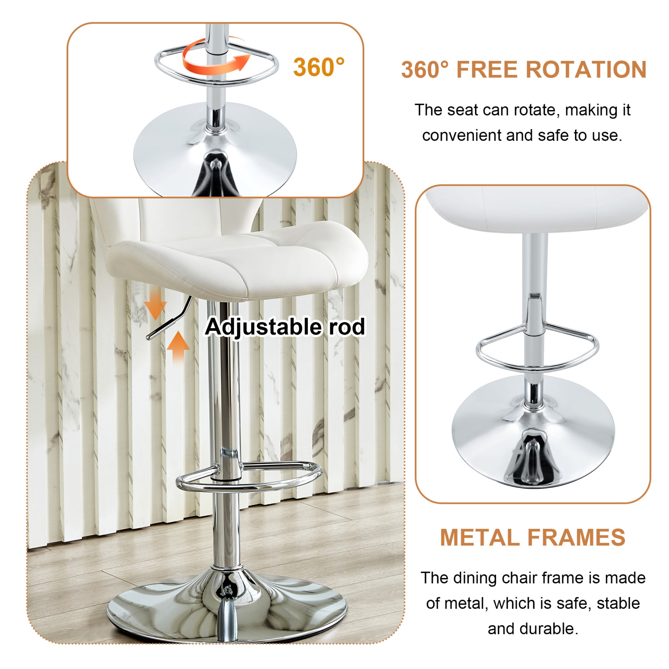Bar Stools Set of 2, White PU Leather Upholstered Adjustable Swivel Barstools, Adjustable Height Bar Chairs with Silver Metal Base & Footrest for Kitchen Island, Pub, Bar