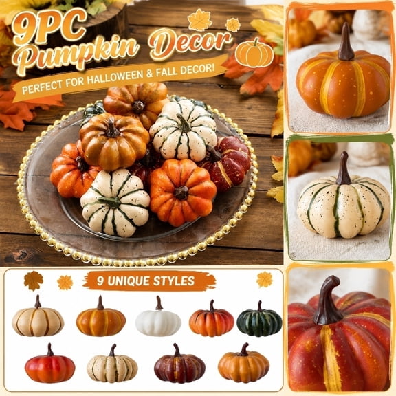 9Pcs Halloween Artificial Pumpkins Fall Thanksgiving Decorations,Assorted Colors Plastic Pumpkins Home Decor, Artificial Mini Pumpkin for Decorating Autumn Harvest Outdoor Indoor Decor