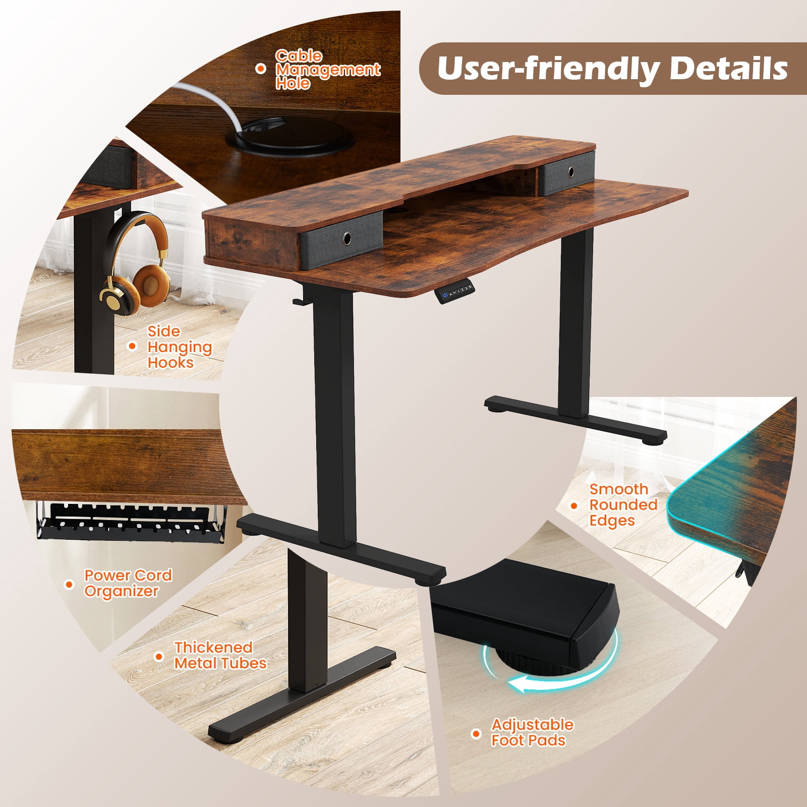 Topbuy 55" x 24" Standing Desk with Drawers Electric Stand-up Desk with Monitor Stand Rustic Brown