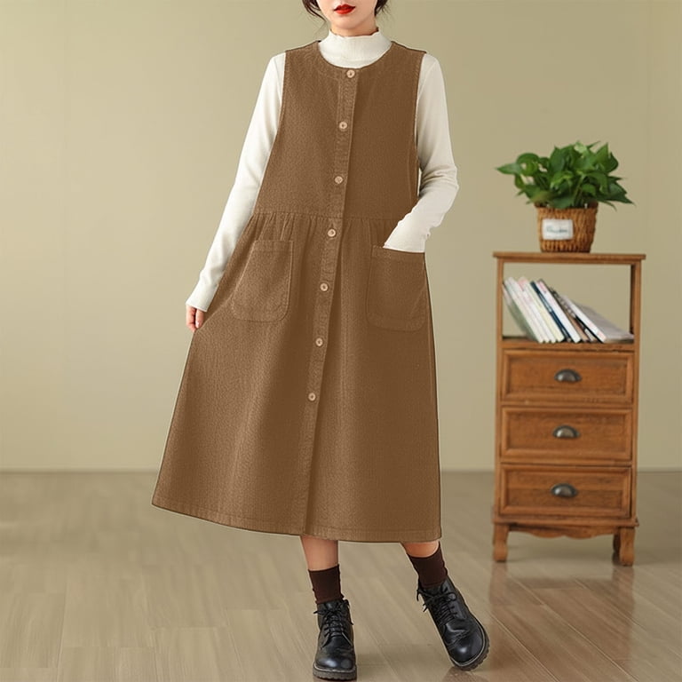 corduroy midi pinafore dress Jane Wardrobe Vintage Corduroy Overall Dress, Sleeveless Button Down Midi  Pinafore Dress With Pockets, Casual Office Outfit, 1 Piece, M-3XL Plus Size  Friendly