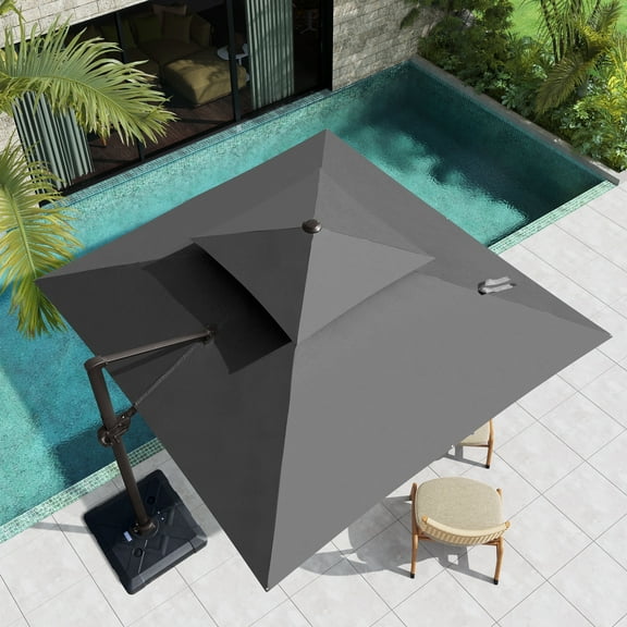 VREDHOM  Double Top Square Patio Cantilever Umbrella with Cross Stand Dark Gray