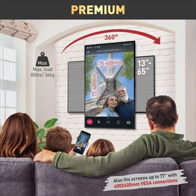 Barkan Fixed - 3 Movement Landscape-Portrait Rotation TV Wall Mount 80 lbs Black Auto Locking Patent 20 Year Warranty