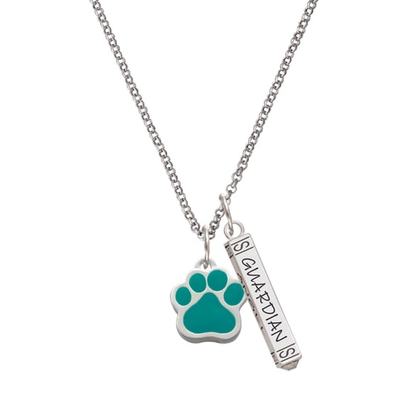 Delight Jewelry Silvertone Large Teal Paw Silvertone Guardian Angel Bar Charm Necklace, 23"