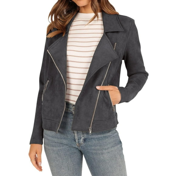 BXINGOHAI Coats for Women Fall Biker Moto Jacket Fashion Long Sleeve Zipper Tops Casual Outdoor Outerwear With Pockets Fall Savings Gray,S
