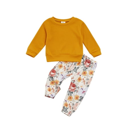 

Kis Baby Girl Waffle T-shirt+Trouser Sets Solid Long Sleeve Top+Flower Long Pant Casual Outfits 0-3Y