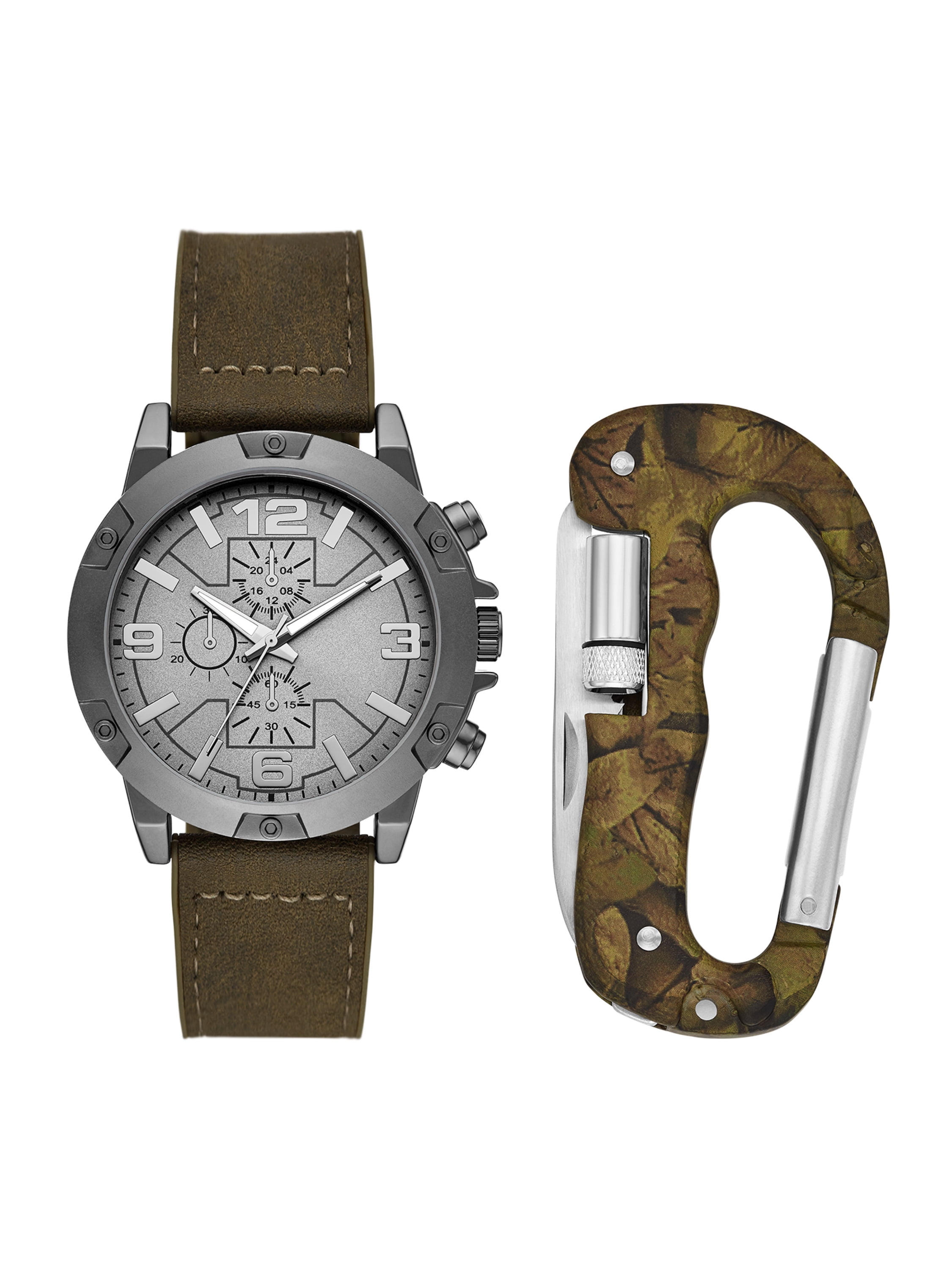Mens Gunmetal Round Analog Watch with Green Camo Carabiner and Travel Bag