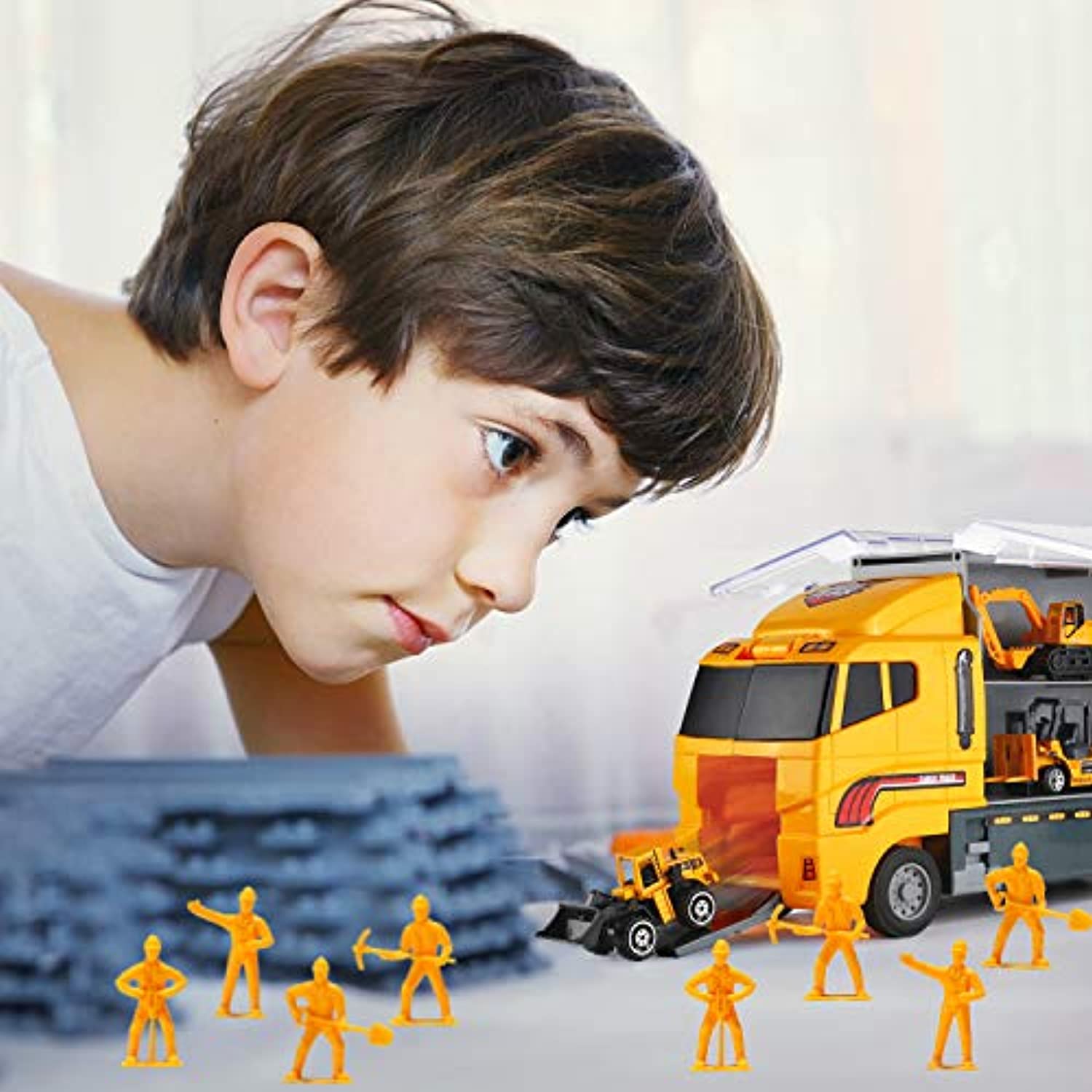 19 in 1 Construction Truck with Engineering Worker Toy Set, Mini Die-Cast Engine Car in Carrier Truck, Double Side Transport Vehicle Play for Child Kid Boy Girl Birthday Christmas Party Favors - image 7 of 7