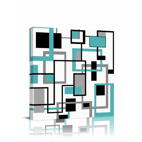 Retro Middle Canvas Wall Art, Ages Abstract Geometric Teal Black Square Framed Wall Decor Modern Artwork Prints Painting for Living Room, Bedroom, Kitchen & Cafe Decor 8x8 Inch