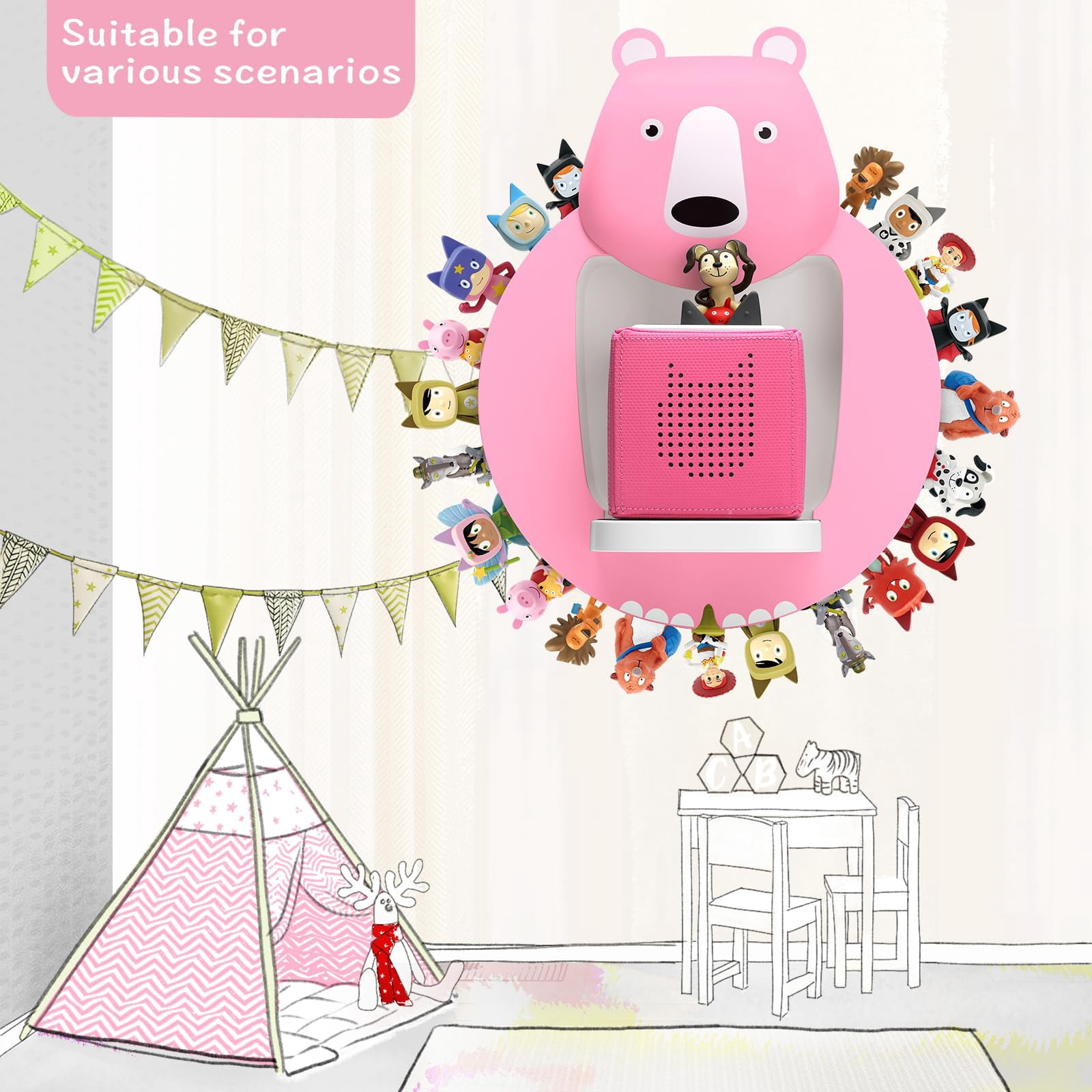 Tnvodejo for Toniebox Creative Bear Children's Magnetic Floating Shelf and for Tonies for 30-48 Figures - Wall Shelf for The Music Box - for Playing and Collecting - for Children's Baby Rooms (Pink)