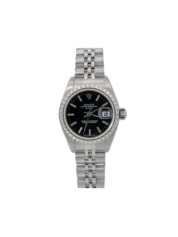 Pre-Owned Rolex Date 26MM 69240 Black Dial Engine Turned Bezel Stainless Steel Jubilee Bracelet