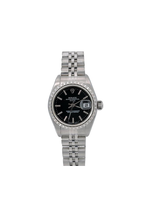 Pre-Owned Rolex Date 26MM 69240 Black Dial Engine Turned Bezel Stainless Steel Jubilee Bracelet