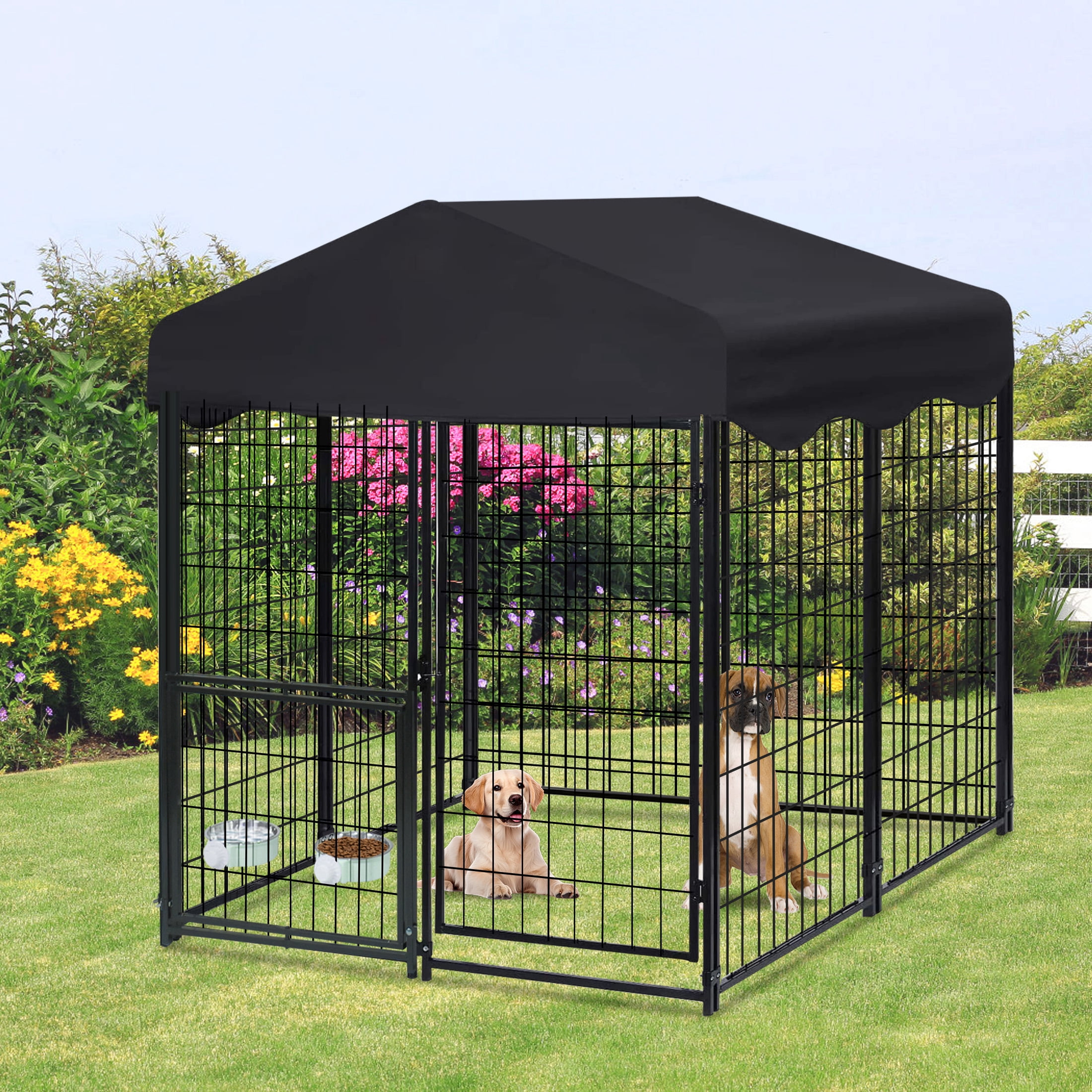 Txh001 Dog Kennel Outside, 4ft x 4.2ft x 4.5ft Outdoor Kennel with Roof and Feeding Bowls for Dogs Outdoor Dog Enclosure