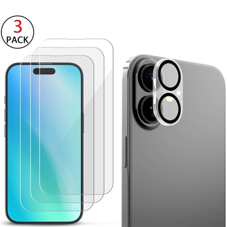 Blue Block Factory 4 Packs Bundle for iPhone 16 Plus Screen Protector 3-Pack + Camera Lens Protector – 2.5D Tempered Glass Combo  Clear