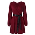 thumbnail image 4 of Furvclv Women Long Puff Sleeve Mini Dress Deep V Neck Solid A-Line Party Casual Dress, 4 of 9